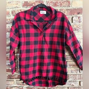 Christian Caliendo Red & Black Buffalo Plaid Tassel Hem Top Size Medium